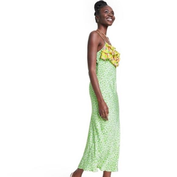 Rixo for Target Leopard Green Ruffle Slip Dress-S - Picture 4 of 6